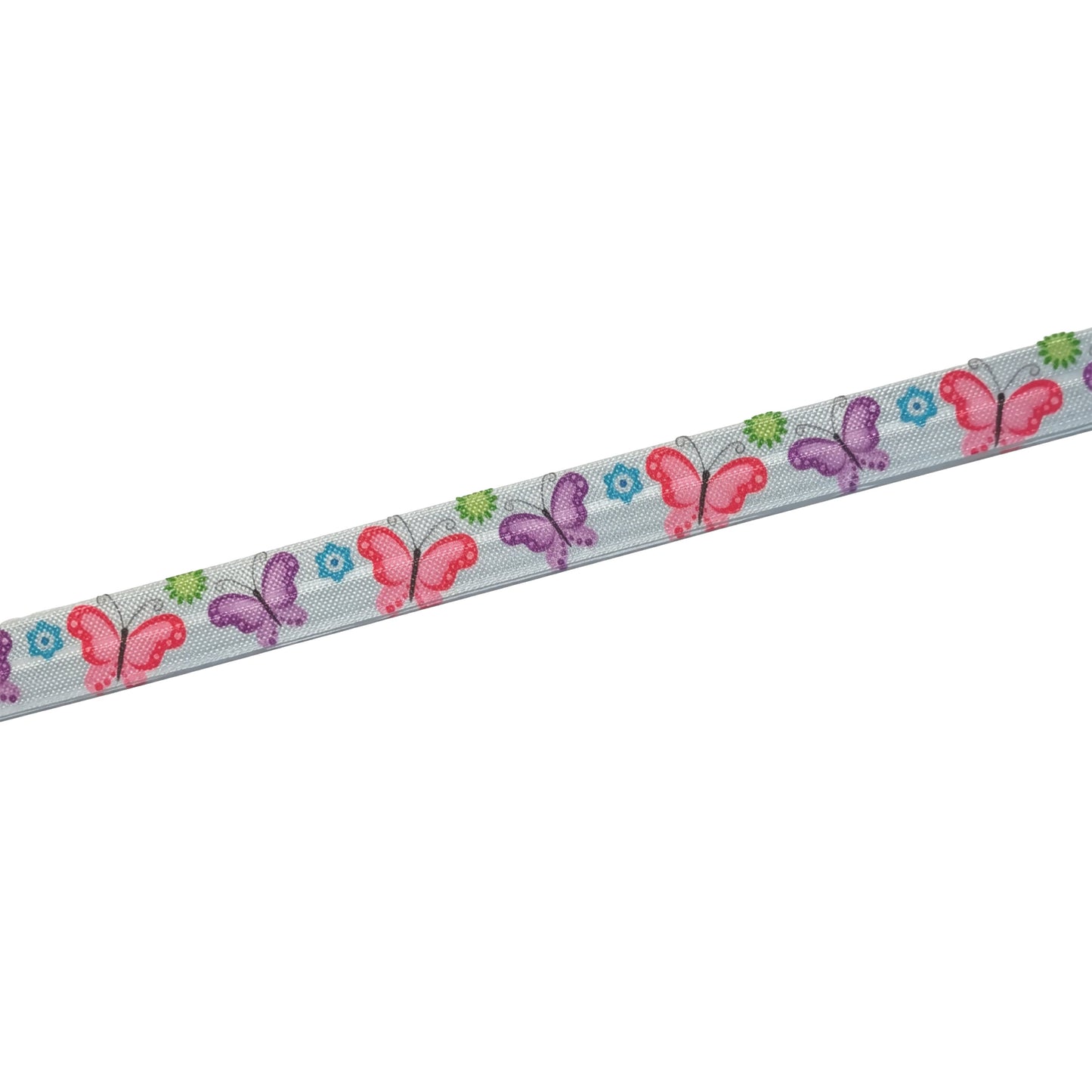 A colorful ribbon with a repeating pattern of butterflies and flowers is shown against a white background.