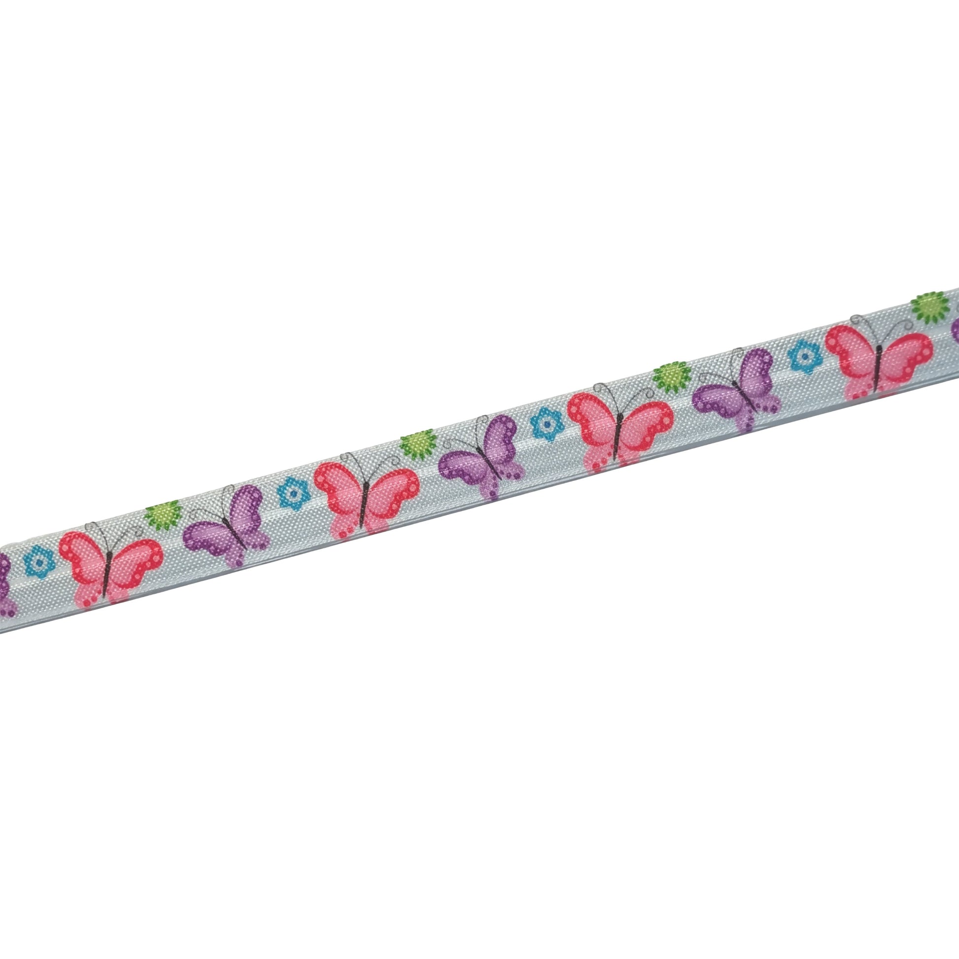 A colorful ribbon with a repeating pattern of butterflies and flowers is shown against a white background.