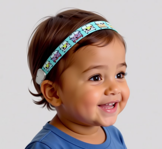 A young child wearing a light blue elastic Ponto BAHA hearing aid headband with a cartoon bus pattern, shown in profile against a light blue background.