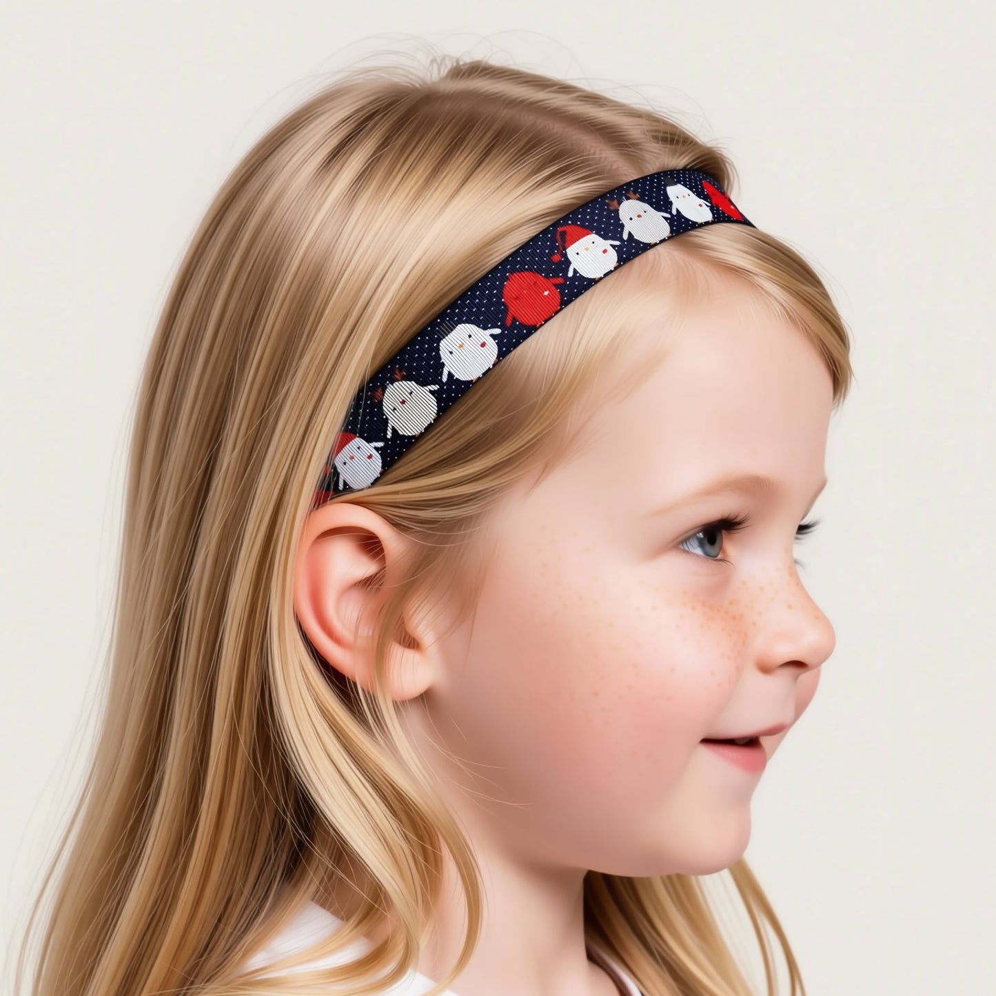 A cochlear implant headband with a repeating pattern of small white and red penguins wearing Santa hats.