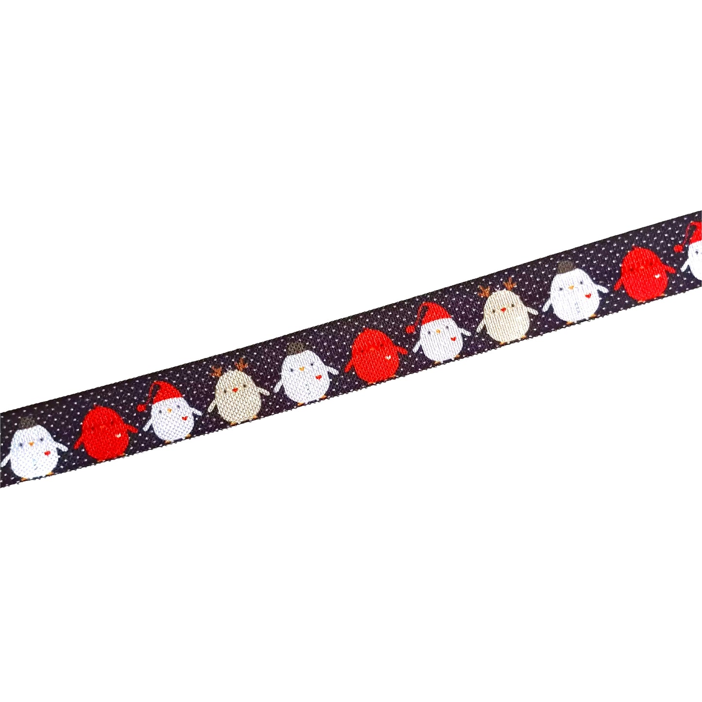 A ponto baha softband cochlear implant hearing aid headband with a repeating pattern of small white and red penguins wearing Santa hats.