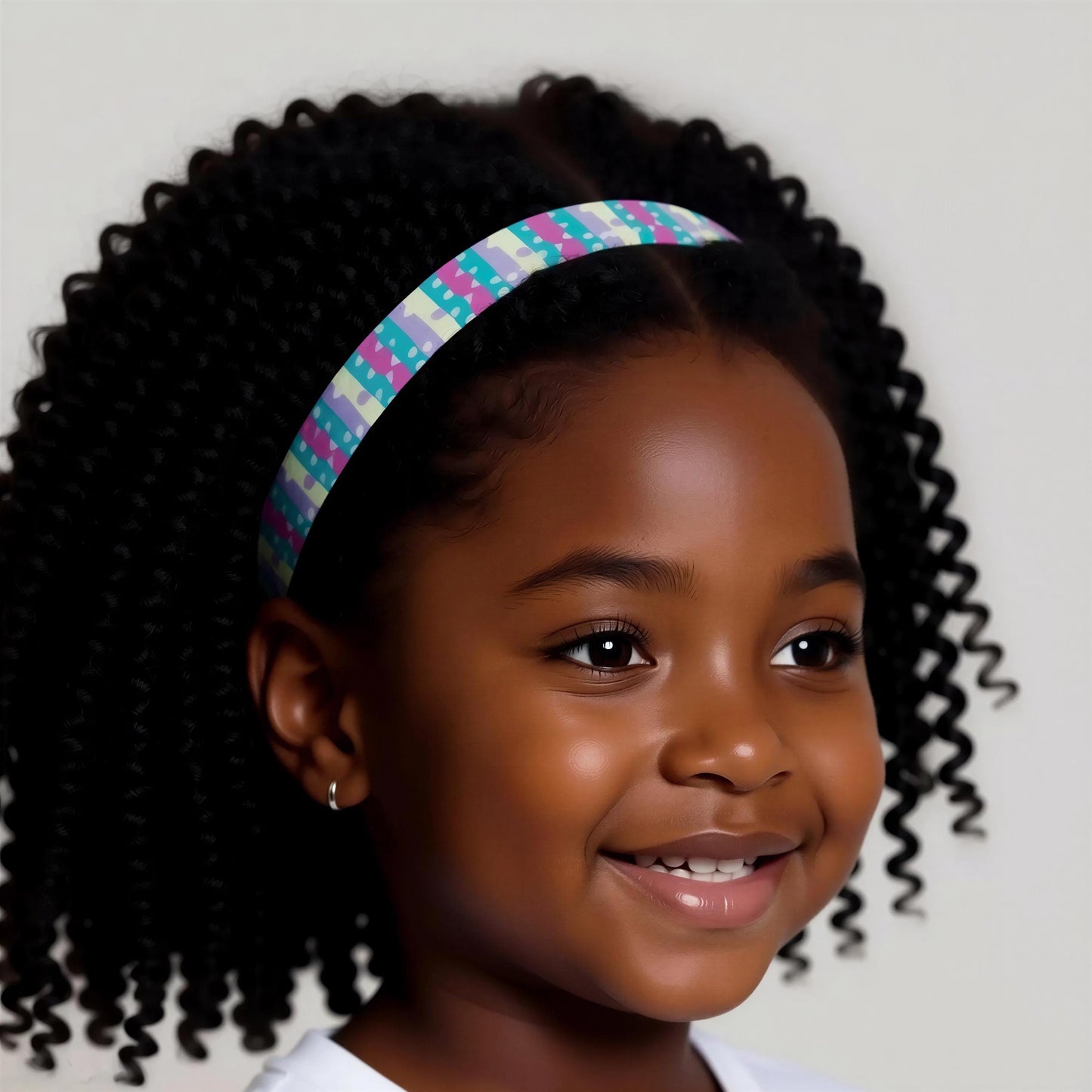 A young girl with brown hair wearing a colourful hearing aid headband is smiling at the camera.