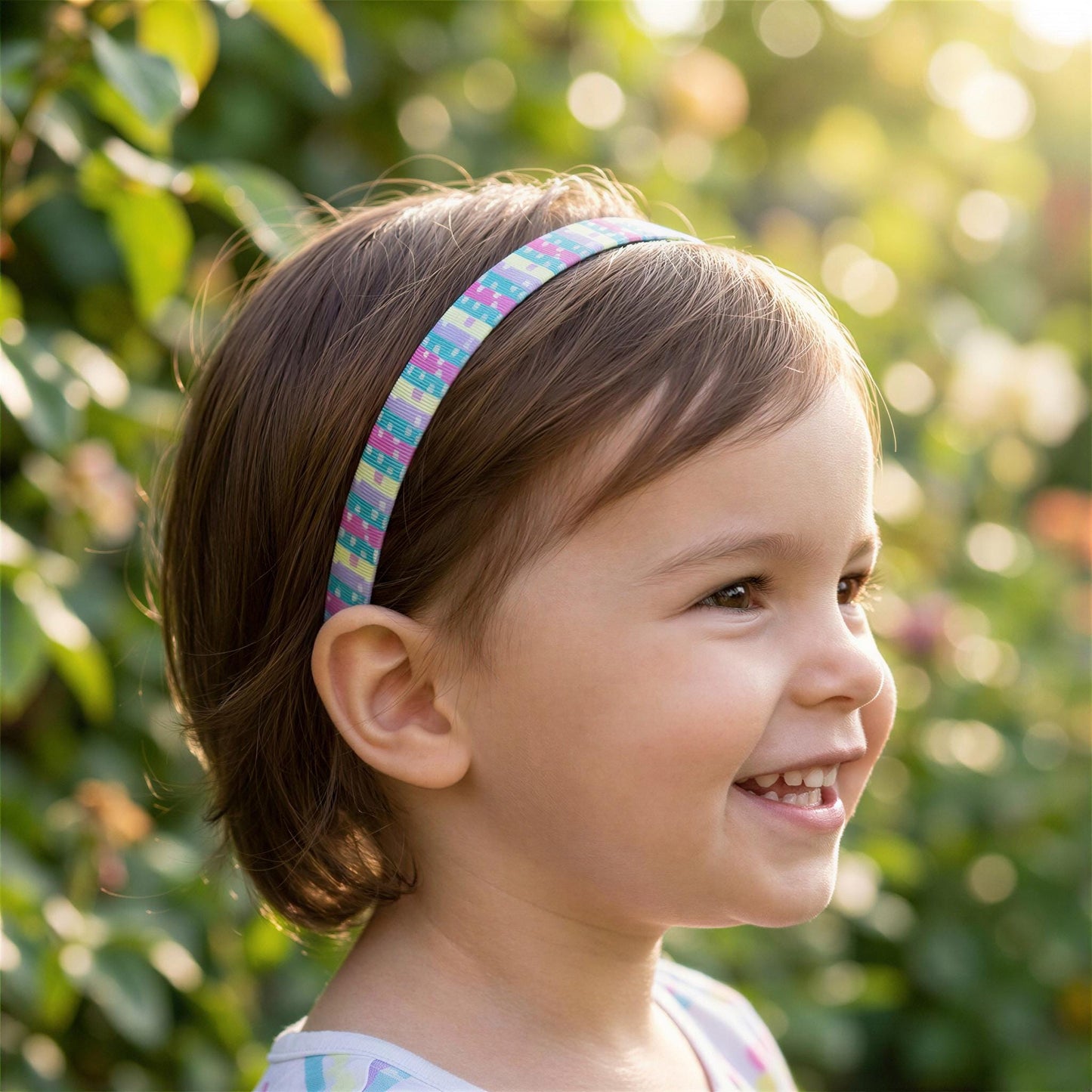 A young girl with a Ponto softband smiles brightly in a lush, green outdoor setting.