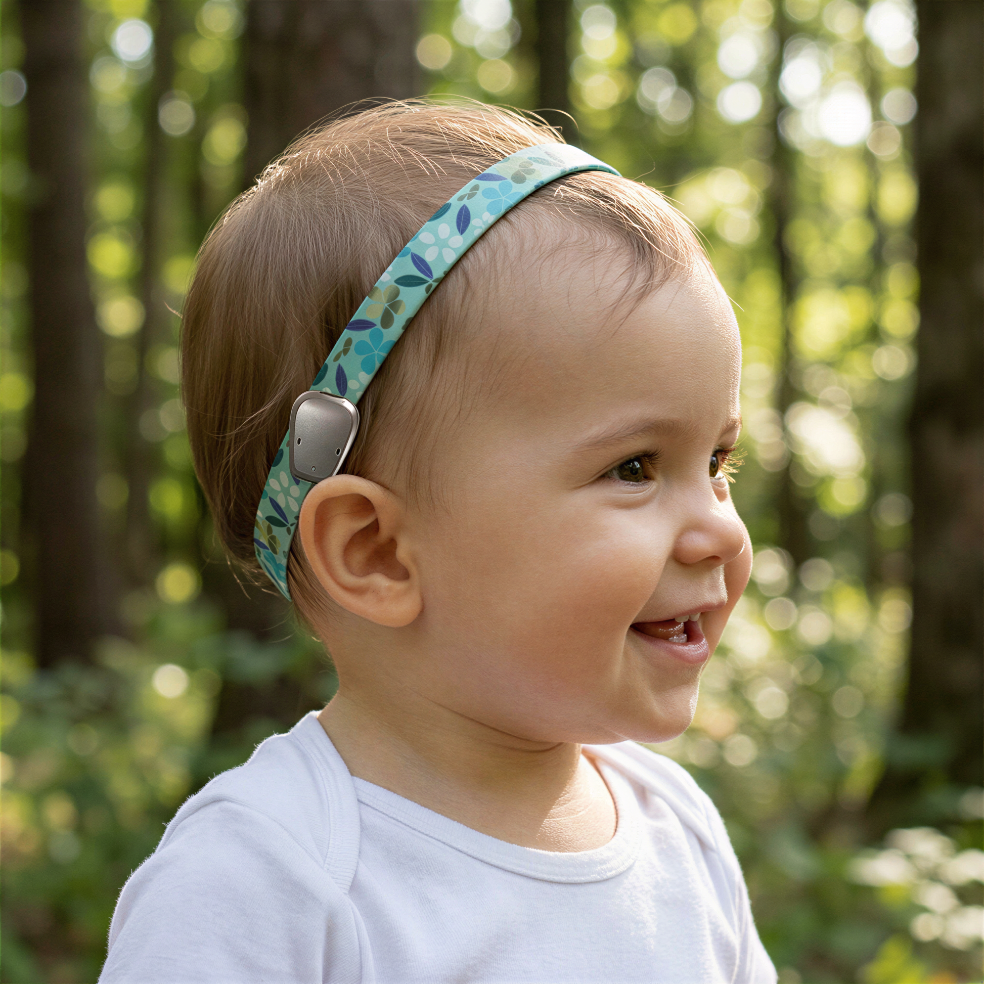 A smiling toddler in a white shirt wearing a light blue patterned Ponto baha hearing aid headband, photographed outdoors in a sunlit forest.
