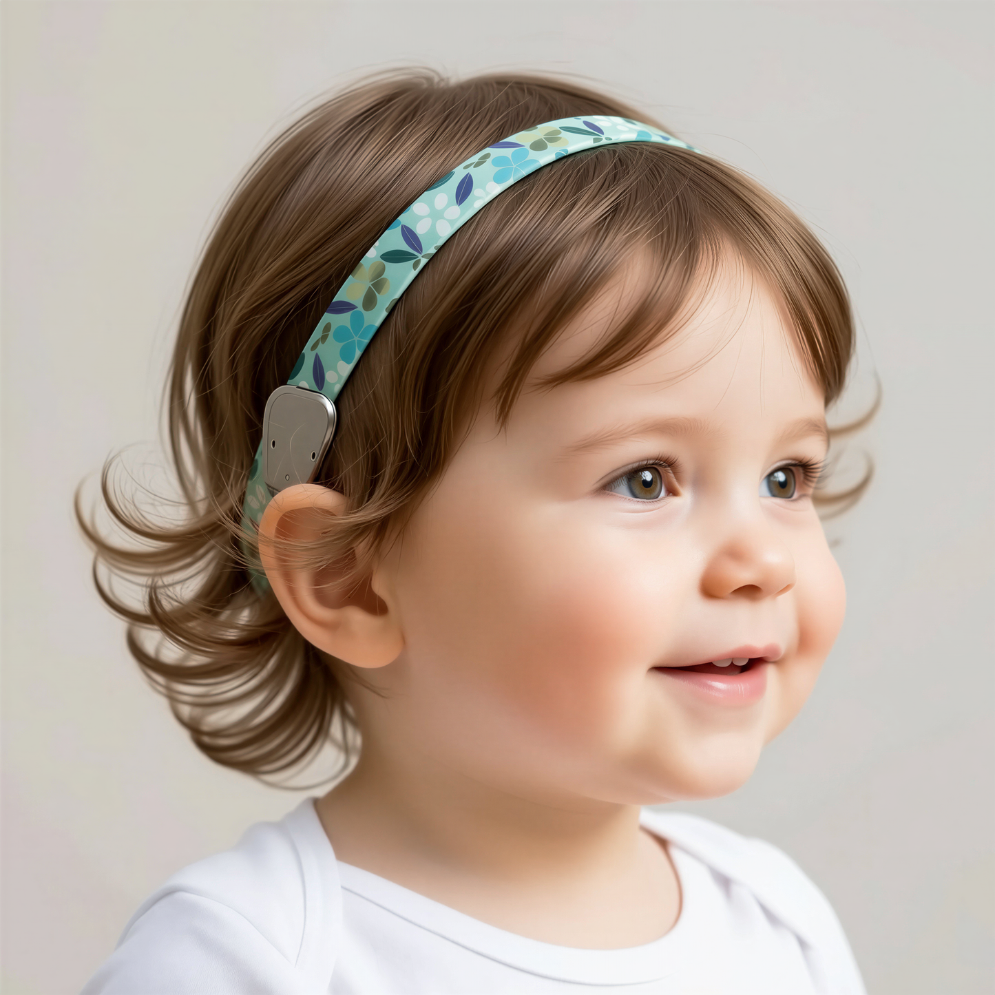 A close-up of a smiling toddler with brown hair wearing a wide fabric cochlear implant headband with a blue and green floral pattern, against a soft light gray background.