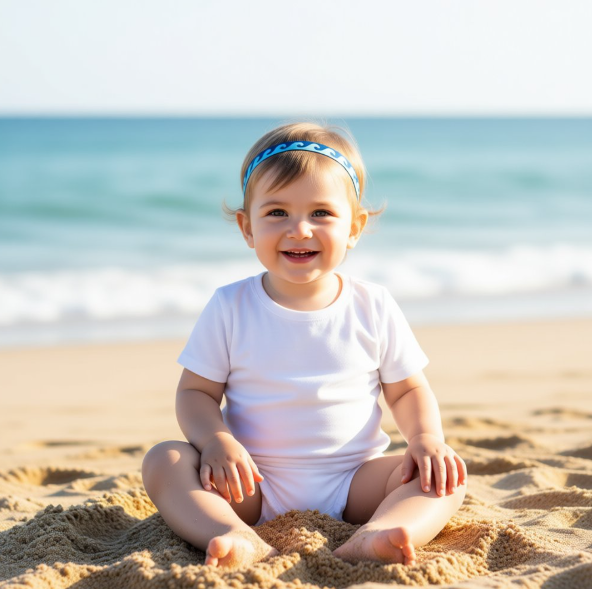 A smiling baby sitting on a sandy beach wearing a white short-sleeve bodysuit and a blue patterned cochlear implant hearing aid headband, with the ocean in the background.