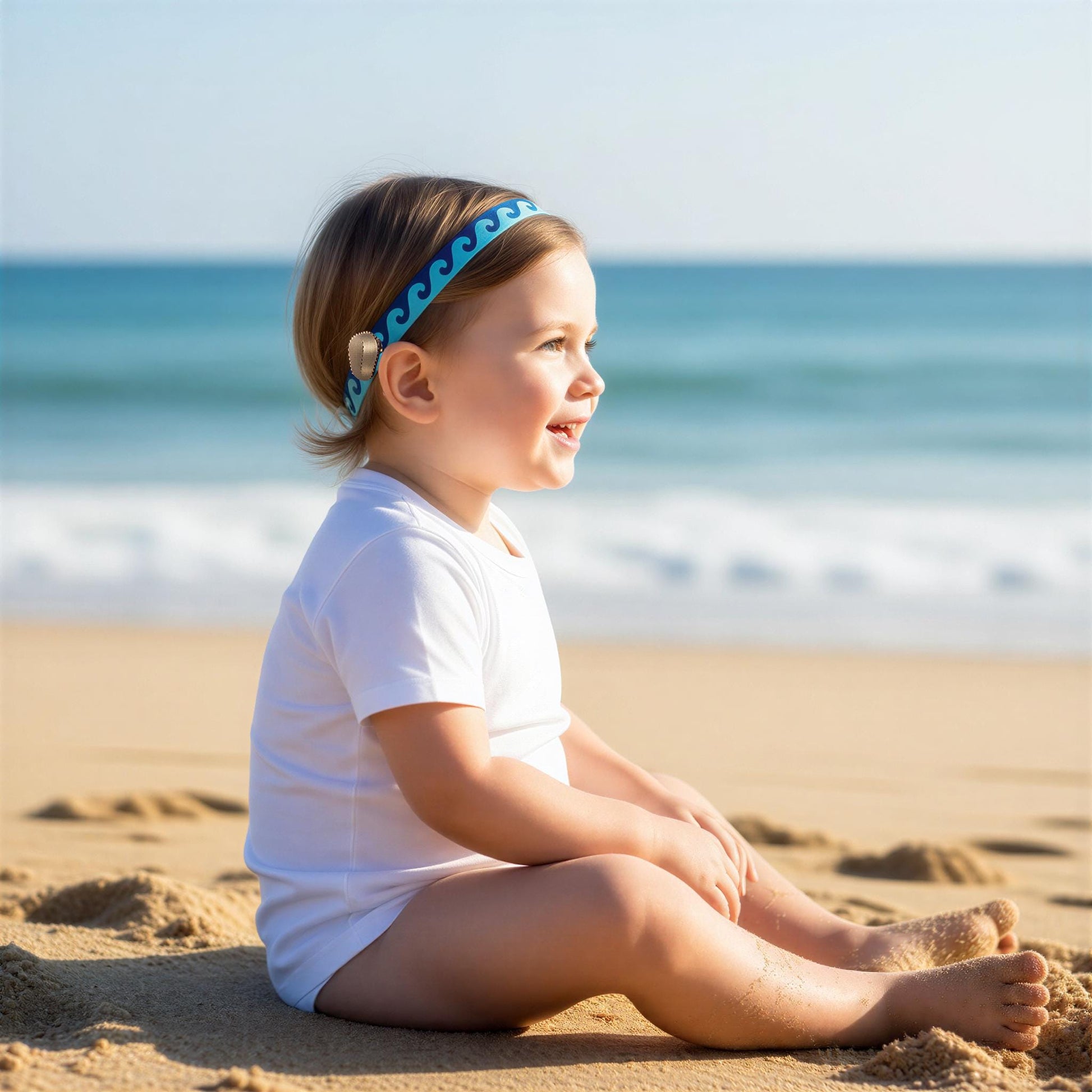 A toddler sits on a sandy beach wearing a white short-sleeve bodysuit, a blue patterned ponto baha hearing aid headband, with the ocean and sky in the background.