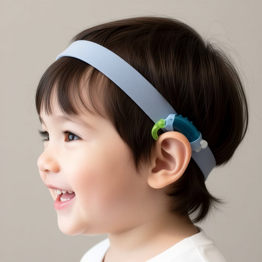 A baby wearing a grey hearing aid headband is shown in profile against a white background.