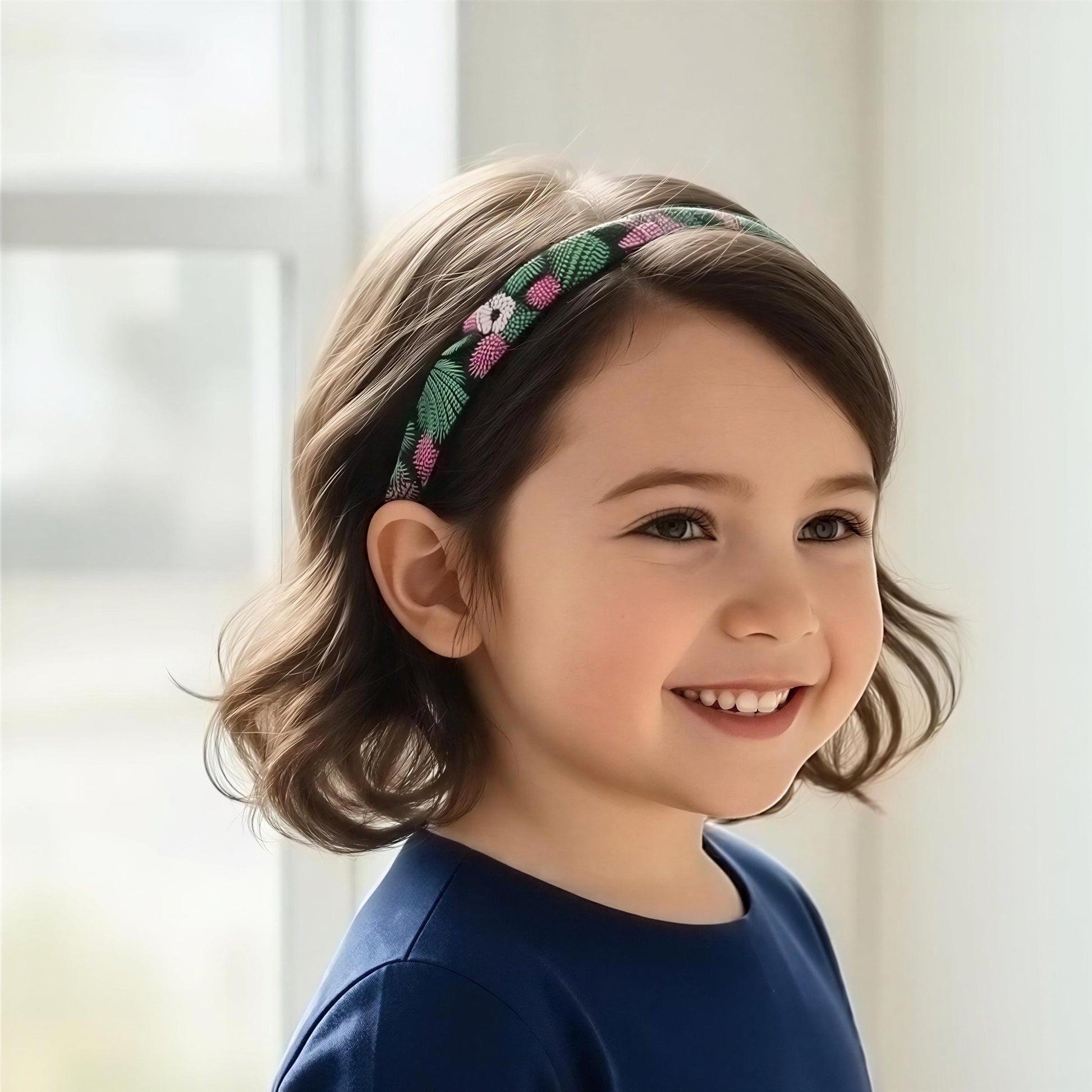 A young girl with wavy brown hair smiles while wearing a patterned green cochlear implant hearing aid headband with pink and white details, paired with a navy blue top, set against a bright, softly blurred indoor background.