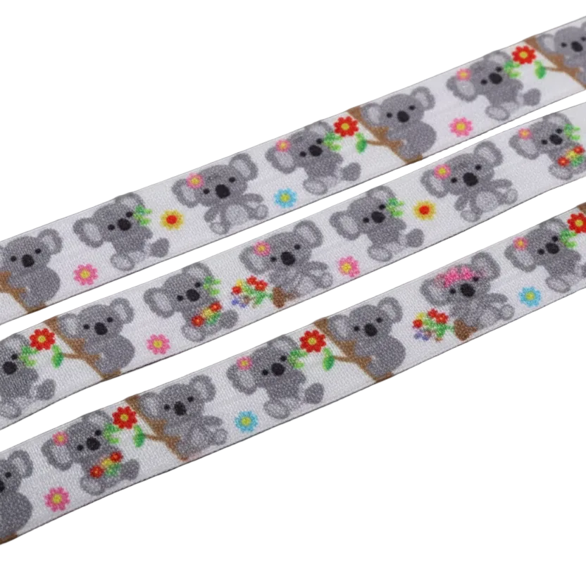 Ponto Baha softband hearing aid headband cochlear implant featuring a repeating pattern of gray koalas on trees with colorful flowers.