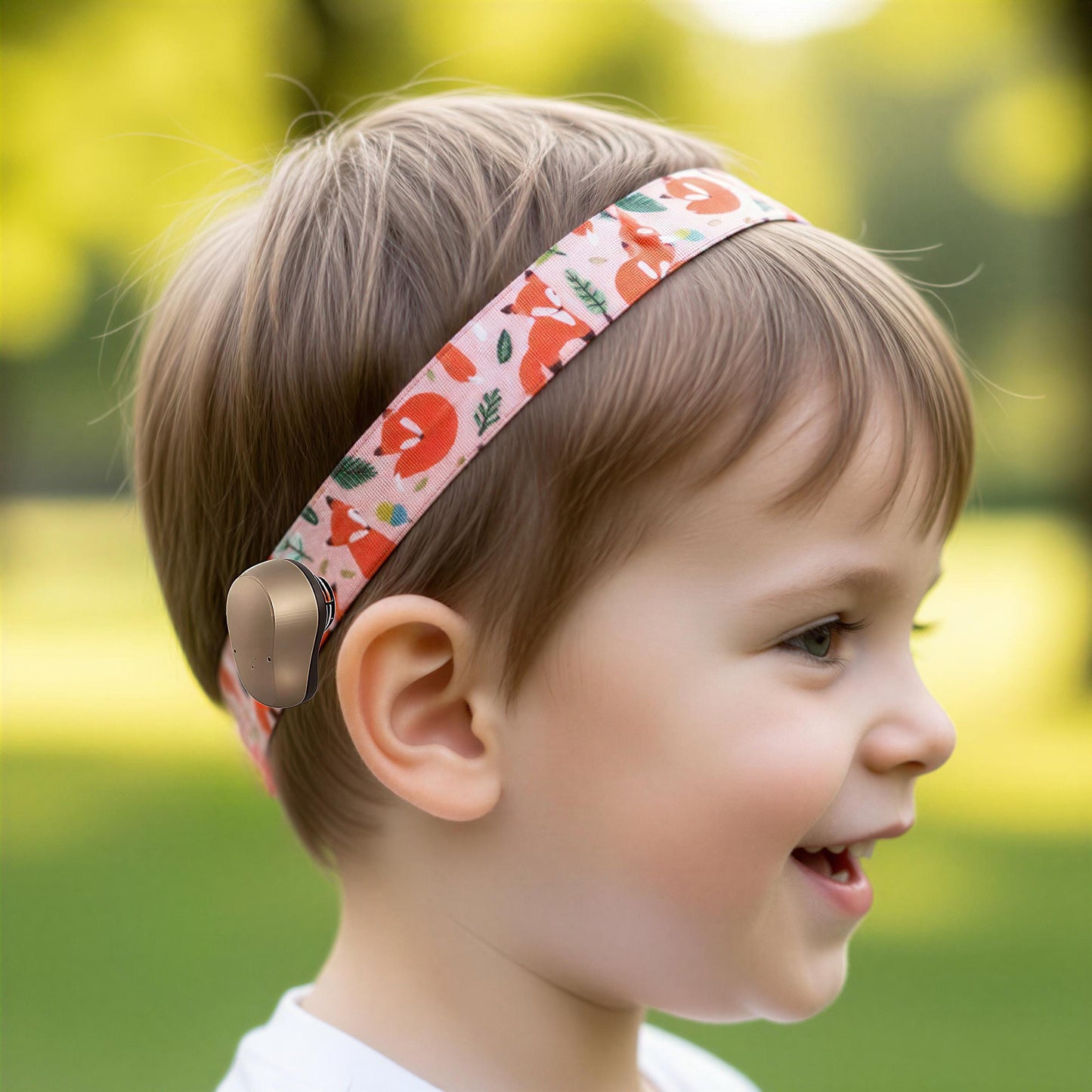 A close-up side profile of a young child outdoors wearing a patterned cochlear implant headband. The headband has a pink background with red foxes and green leaves.