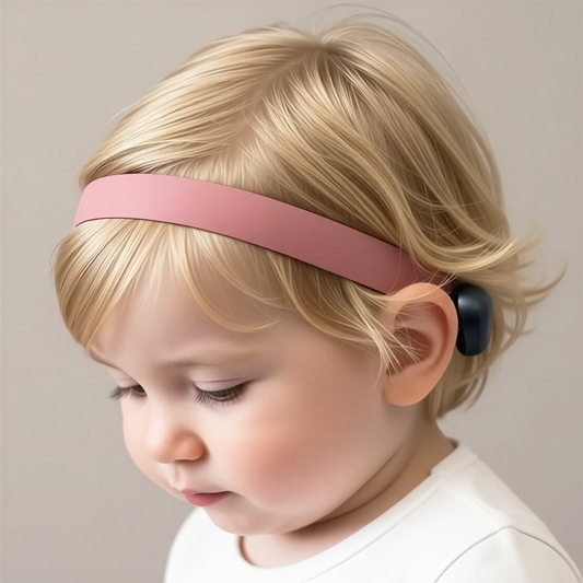 A smiling baby girl with a pink ponto baha hearing aid headband in her hair.