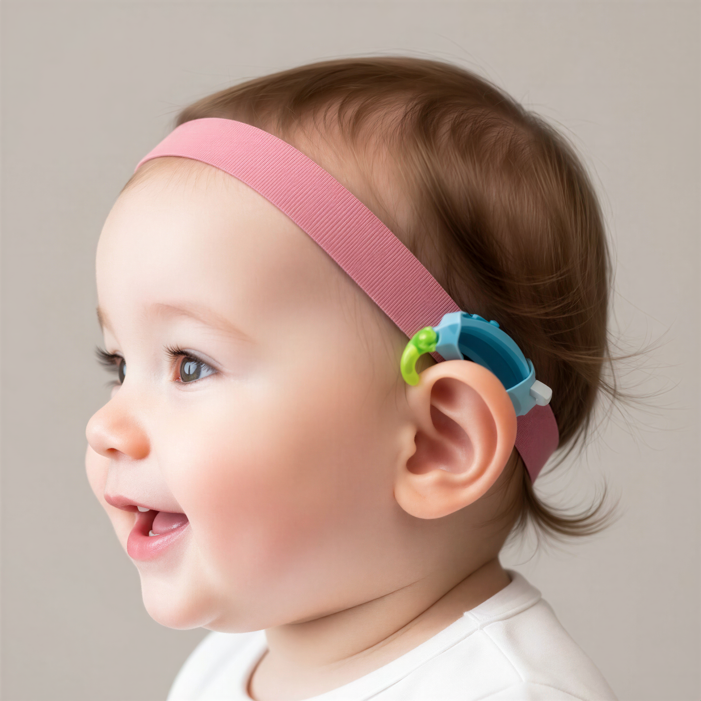 A baby wearing a hearing aid headband is shown in profile against a white background.