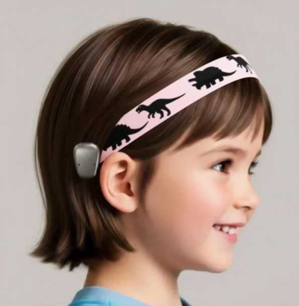 A young girl with brown hair is shown in profile wearing hearing aid headband that is pink with black dinosaur silhouettes