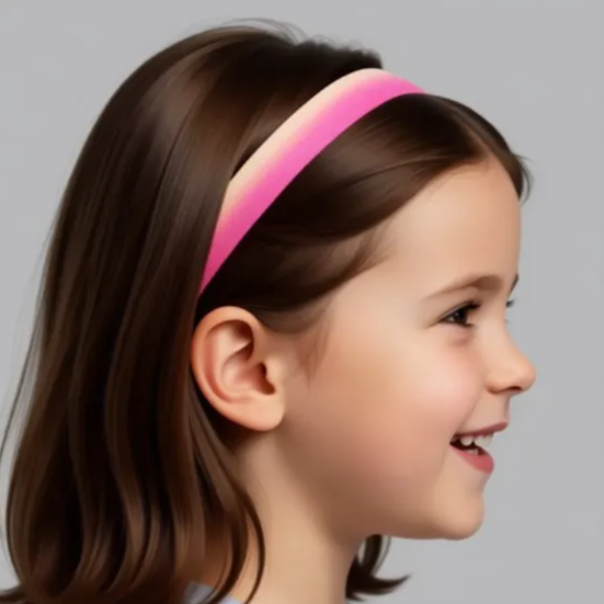 A young girl with brown hair wearing a pink yellow gradient hearing aid headband.