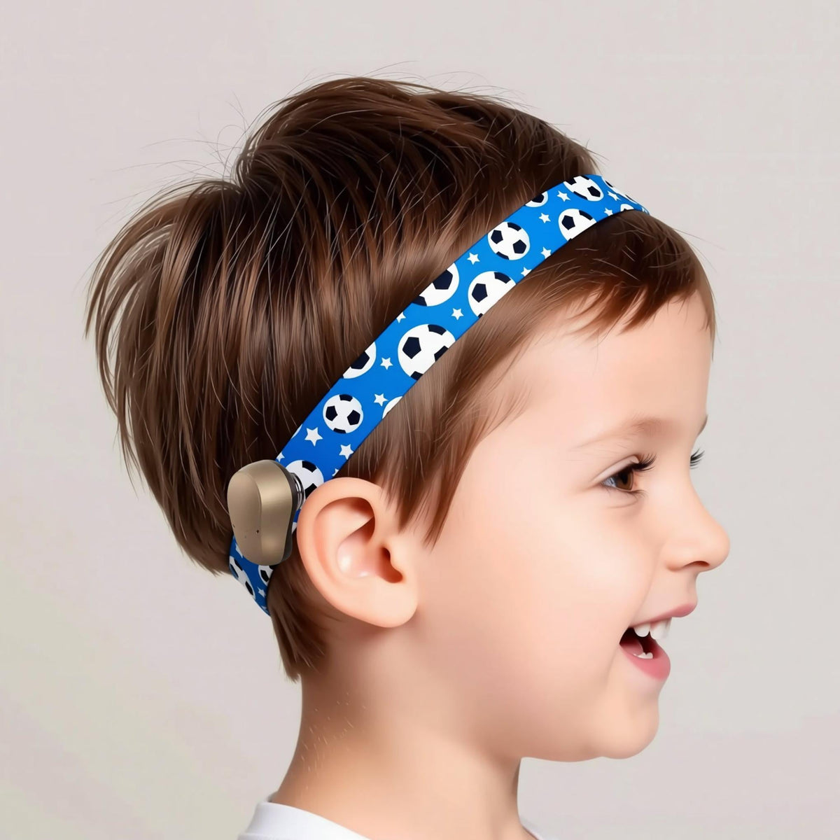A hearing aid headband with a soccer ball pattern is worn by a kid with brown hair.