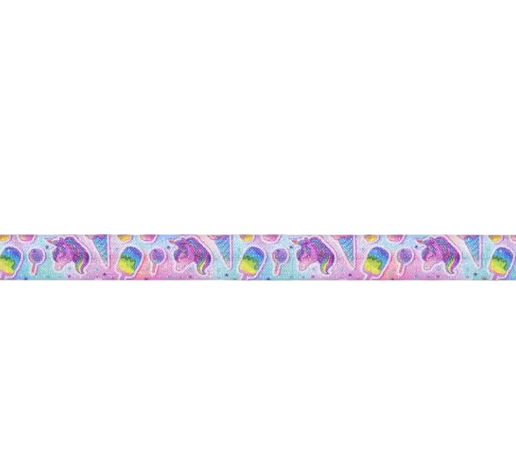 elastic for hearing aid headband featuring a repeating pattern of purple unicorns and colourful rainbows on a pastel blue and pink background.