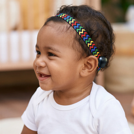 A smiling toddler wearing a white onesie and a colourful chevron-patterned hearing aid cochlear implant headband with a black earpiece, photographed in a softly blurred indoor setting.