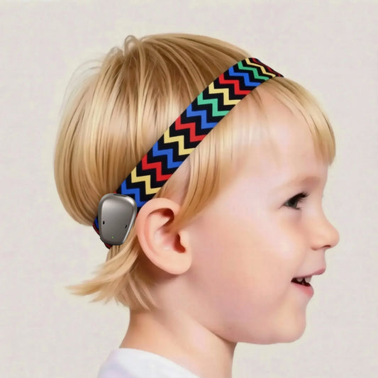 A coloruful, zigzag-patterned elastic or band for a pont BAHA hearing aid headband with a vibrant mix of red, green, blue, yellow, and black colors.