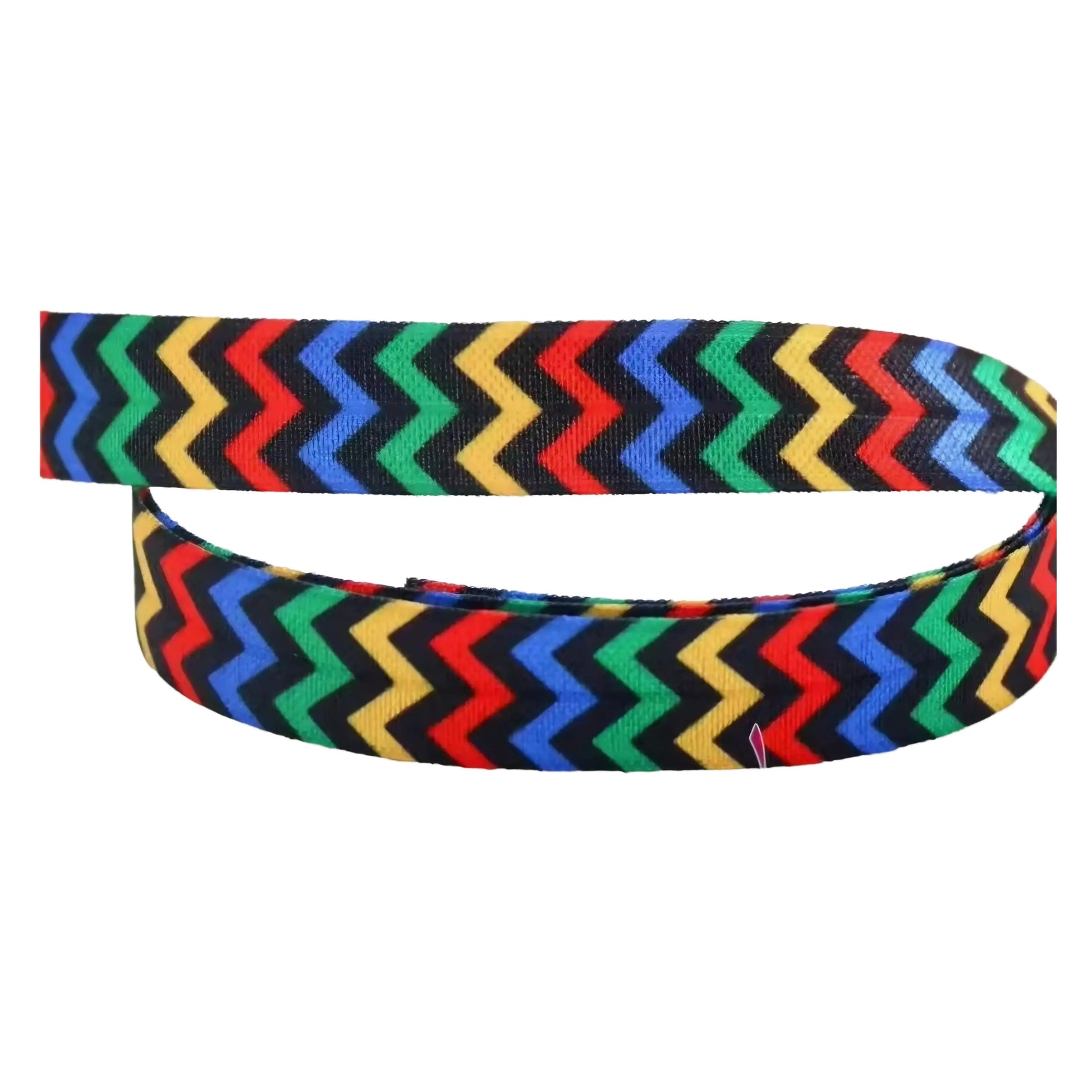 A colourful, zigzag-patterned elastic or band for a cochlear implant headband with a vibrant mix of red, green, blue, yellow, and black colours.