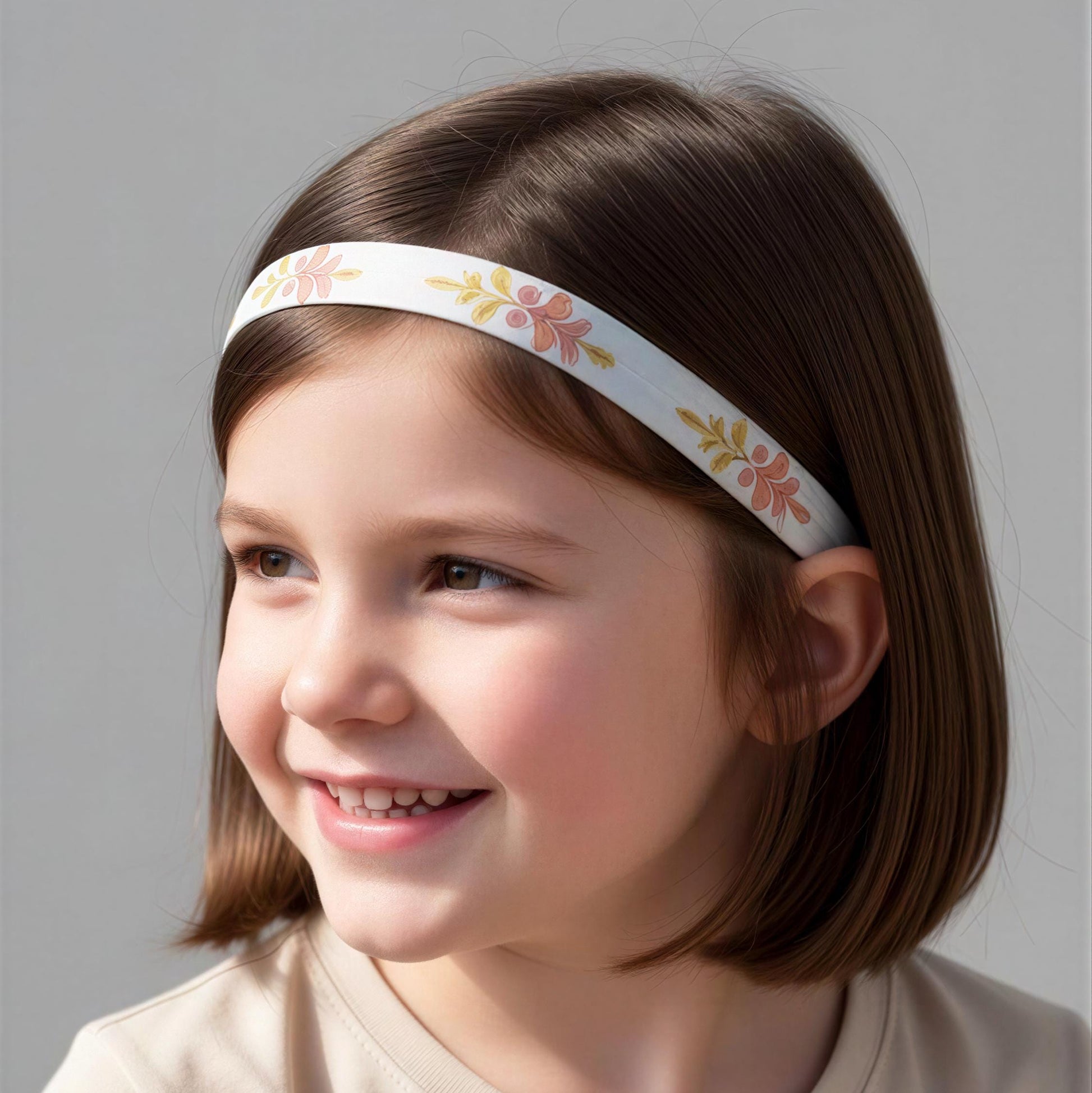 A young child with brown hair wearing a white fabric hearing aid cochlear implant headband with a delicate floral pattern, set against a plain gray background.