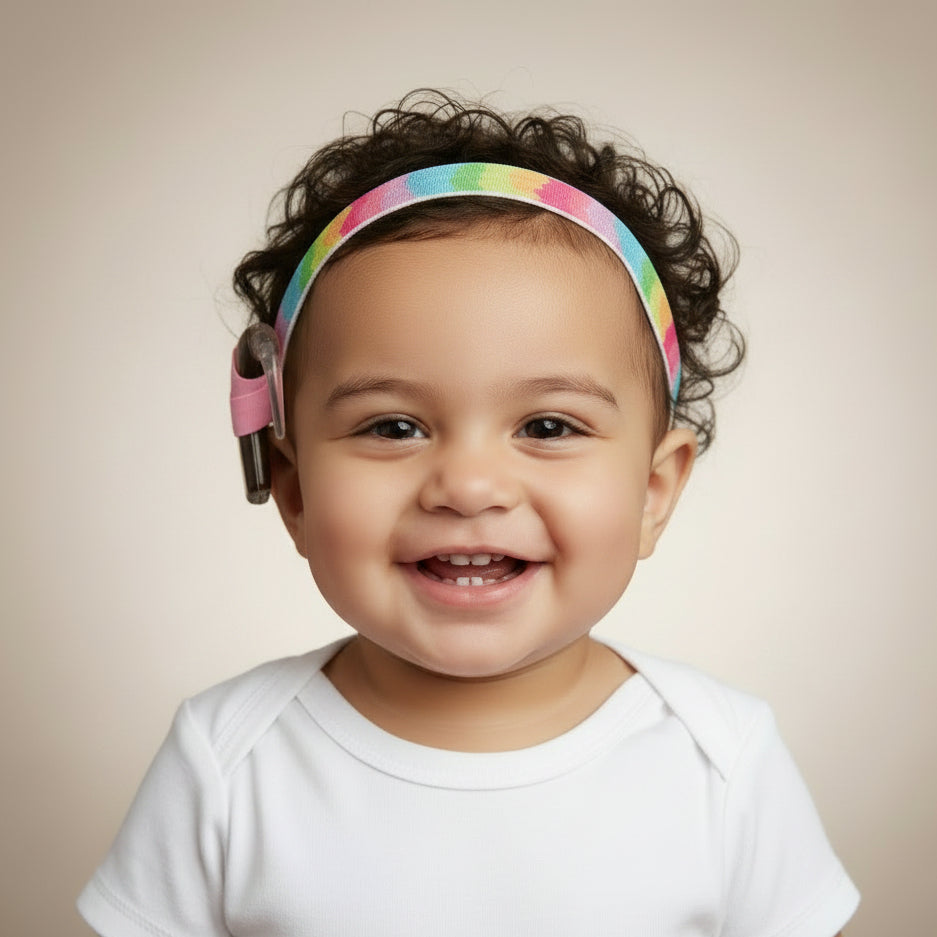 A baby with brown hair wearing a colourful rainbow striped cochlear implant headband, photographed against a plain light background.