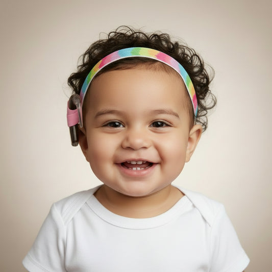 A baby with brown hair wearing a colourful rainbow striped cochlear implant headband, photographed against a plain light background.