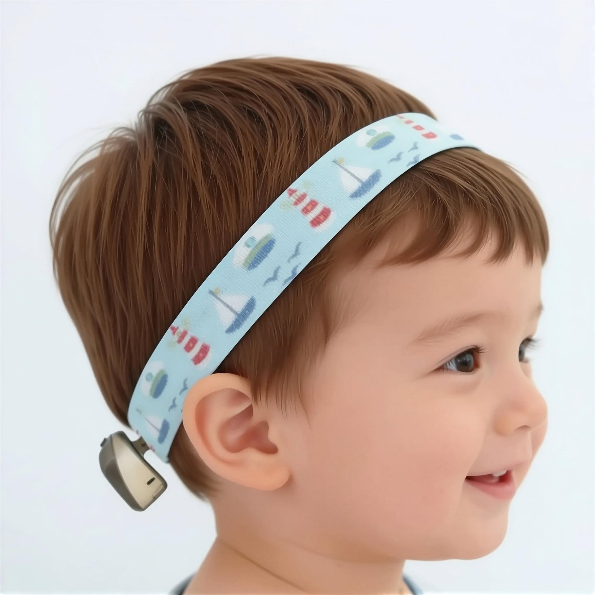 A close-up side profile of a young child wearing a light blue fabric ponto baha softband headband with a nautical print of sailboats, seagulls, and red-and-white striped buoys.