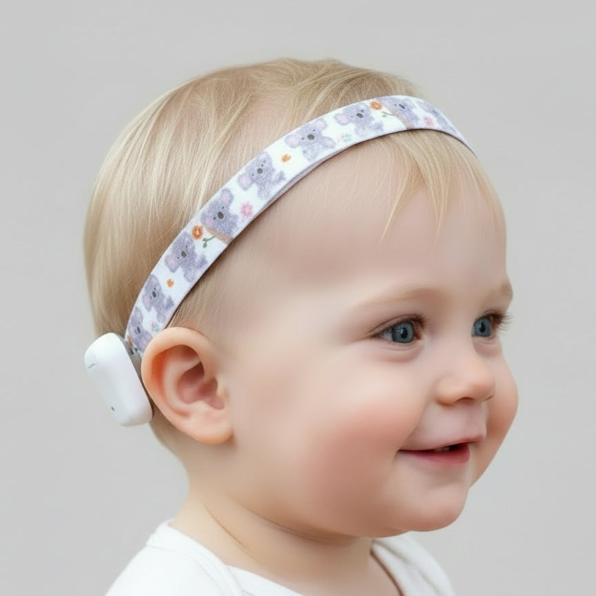 Baby wearing a headband with a Ponto bone-conduction device, the softband has koala pattern