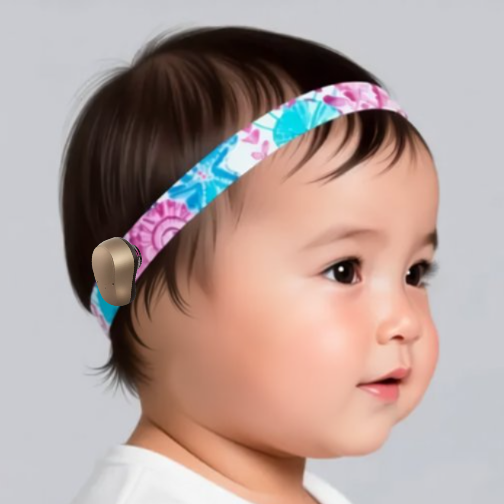 A young child with short brown hair wearing a colourful headband and smiling at the camera.