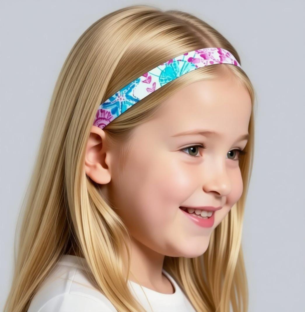 A young girl with long blonde hair wearing a wide, comfortable headband with a colorful floral and fan pattern in pink, purple, and blue, shown in a close-up profile shot against a light gray background.