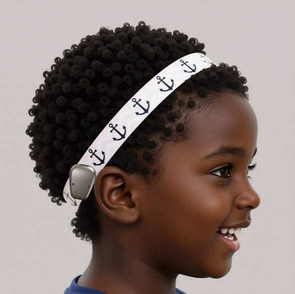 A young child wearing a grey ponto baha hearing aid cochlear implant headband decorated with a repeating navy blue anchor pattern.