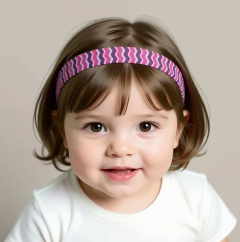 A close-up portrait of a young child wearing a pink and purple chevron-patterned hearing aid headband, with brown hair and a white shirt against a plain beige background.