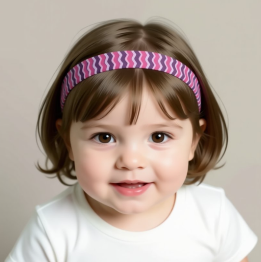 A close-up portrait of a young child wearing a pink and purple chevron-patterned hearing aid headband, with brown hair and a white shirt against a plain beige background.