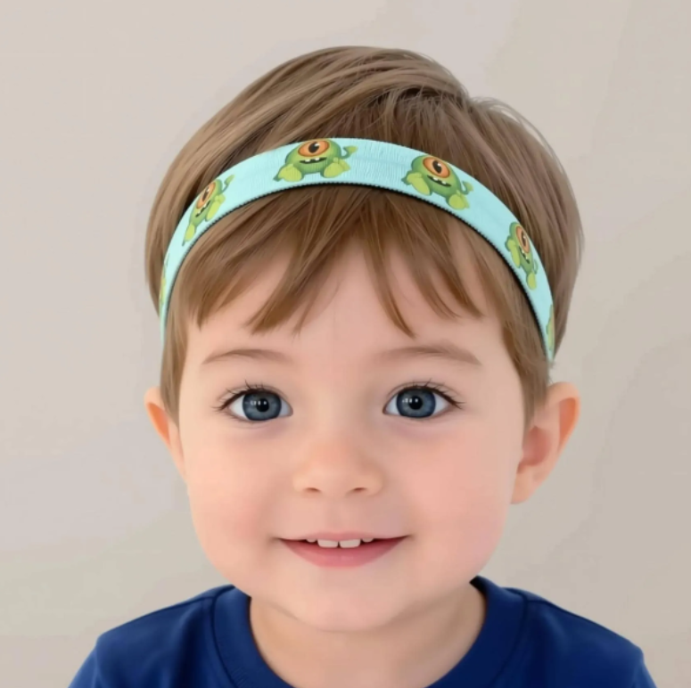 A close-up portrait of a young child wearing a light green ponto baha hearing aid headband with a green cartoon monster pattern, paired with a navy blue shirt against a plain light background.