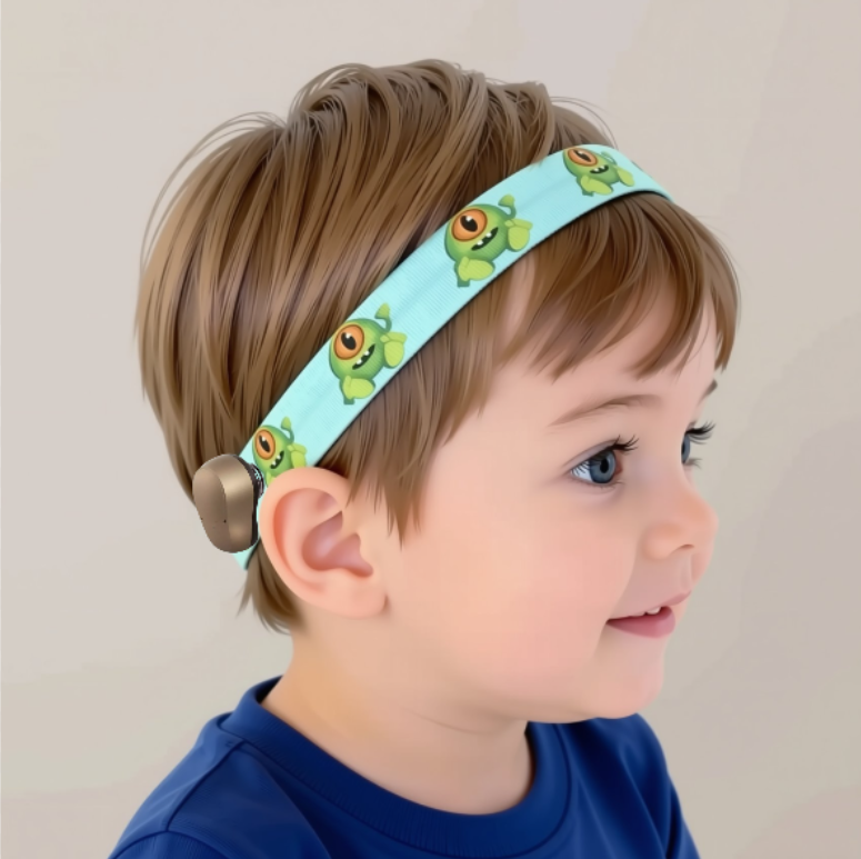 A close-up portrait of a young child wearing a light green ponto baha hearing aid headband with a green cartoon monster pattern, paired with a navy blue shirt against a plain light background.