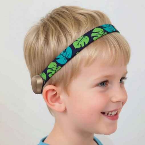 A young blonde boy wearing a black adjustable cochlear implant hearing aid headband with a green tropical green leaf pattern.
