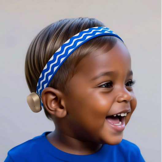 A smiling young child wearing a blue and white wavy patterned hearing aid headband with a beige earpiece, set against a plain light gray background.