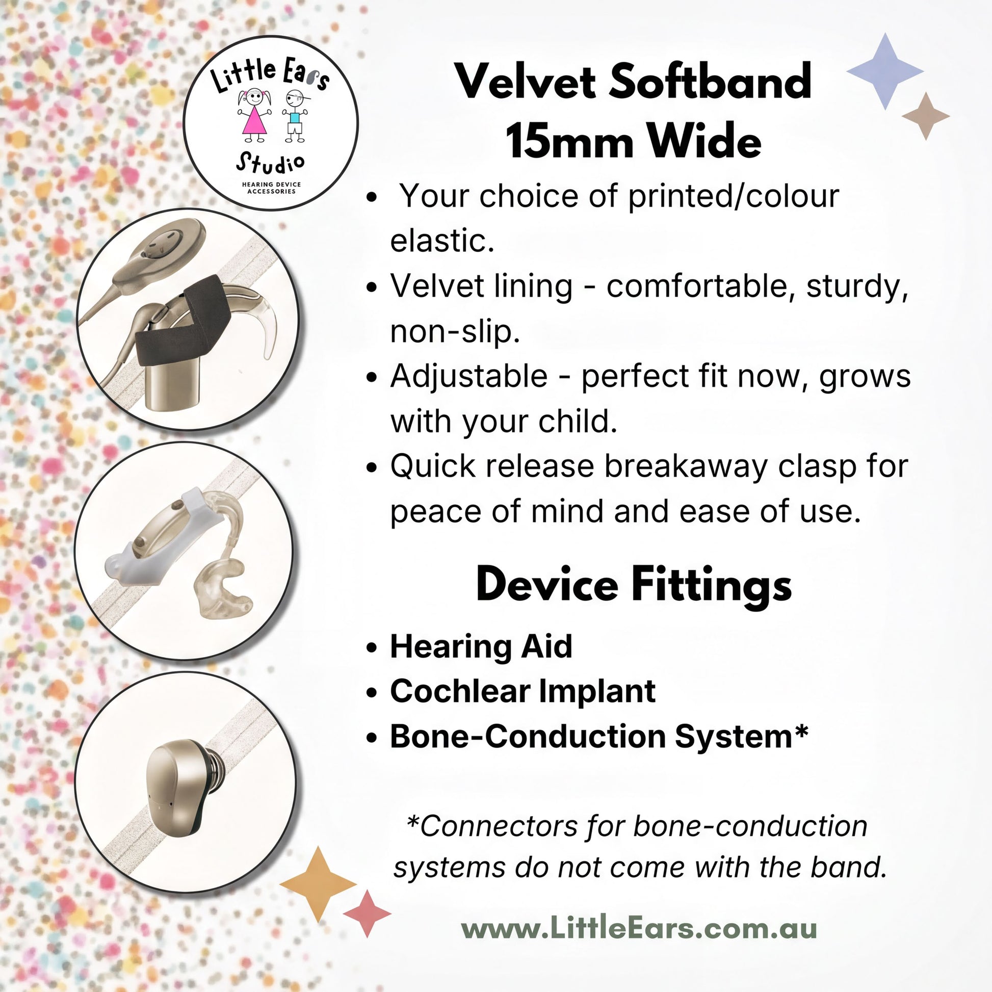An informational product graphic for a Little Ears Studio Velvet Softband 15mm Wide elastic band, showing three circular close-up views of the band attached to hearing aids and cochlear implants, alongside descriptive text about the product features and device fittings.