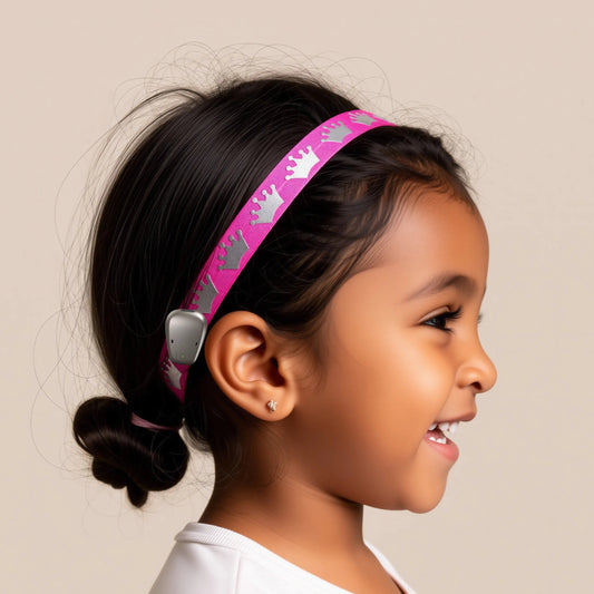 A young girl with dark hair wearing a pink headband with a crown pattern is smiling and looking to the side.