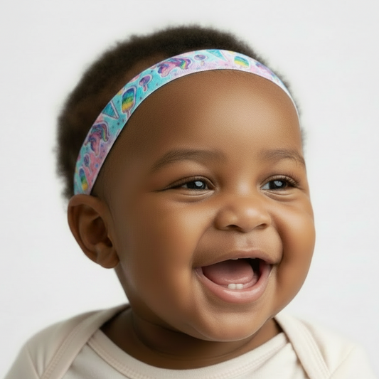 baby wearing a colourful cochlear implant headband with unicorn design
