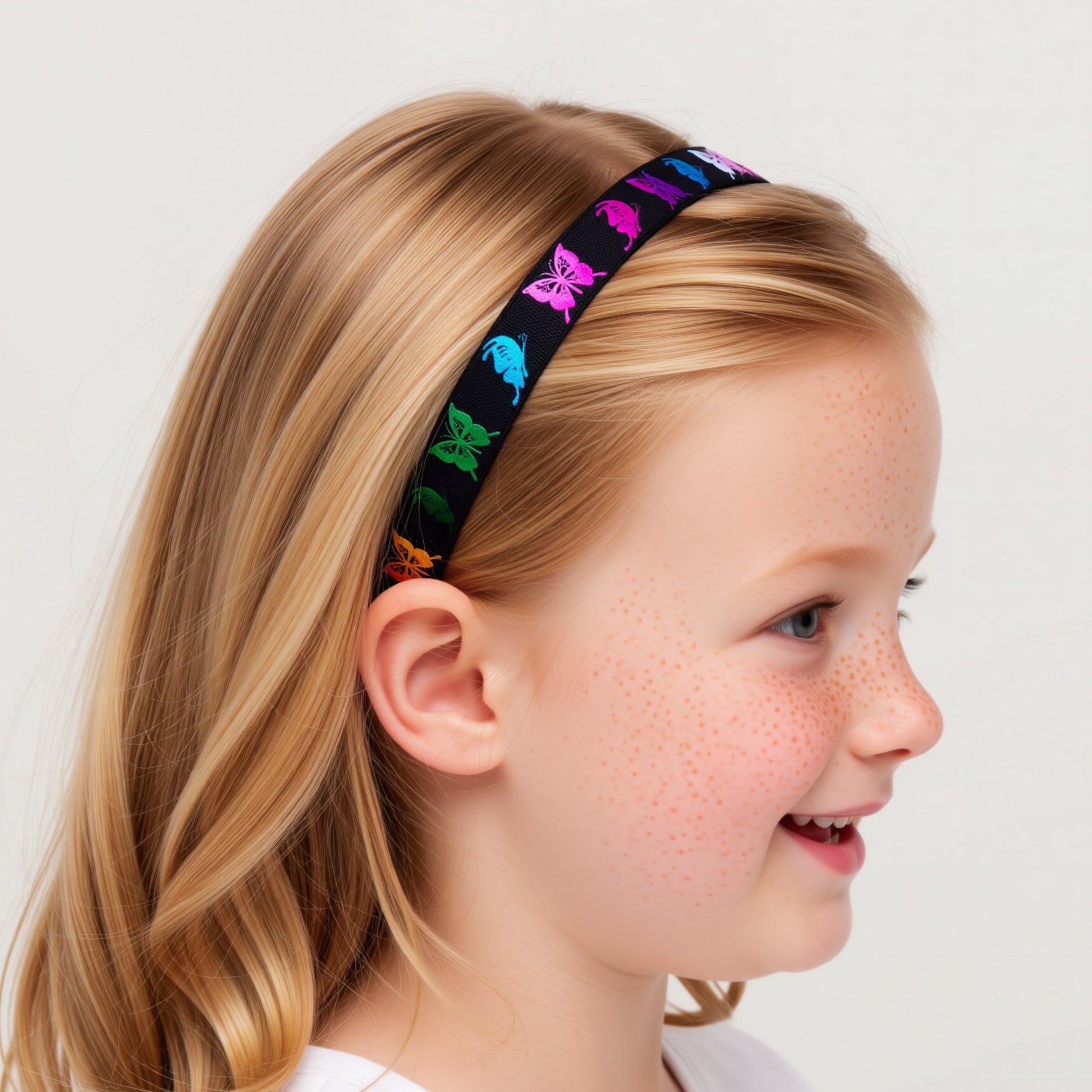 A girl wearing a hearing aid headband with black with colourful butterfly embroidery on it.