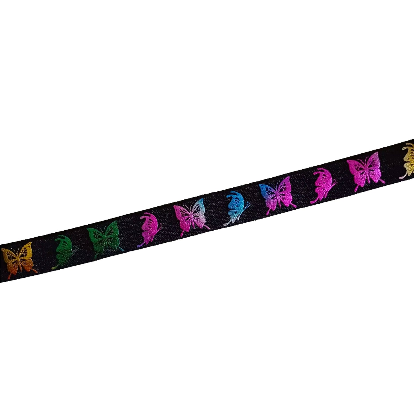 A black cochlear implant headband elastic with colourful butterfly on it.