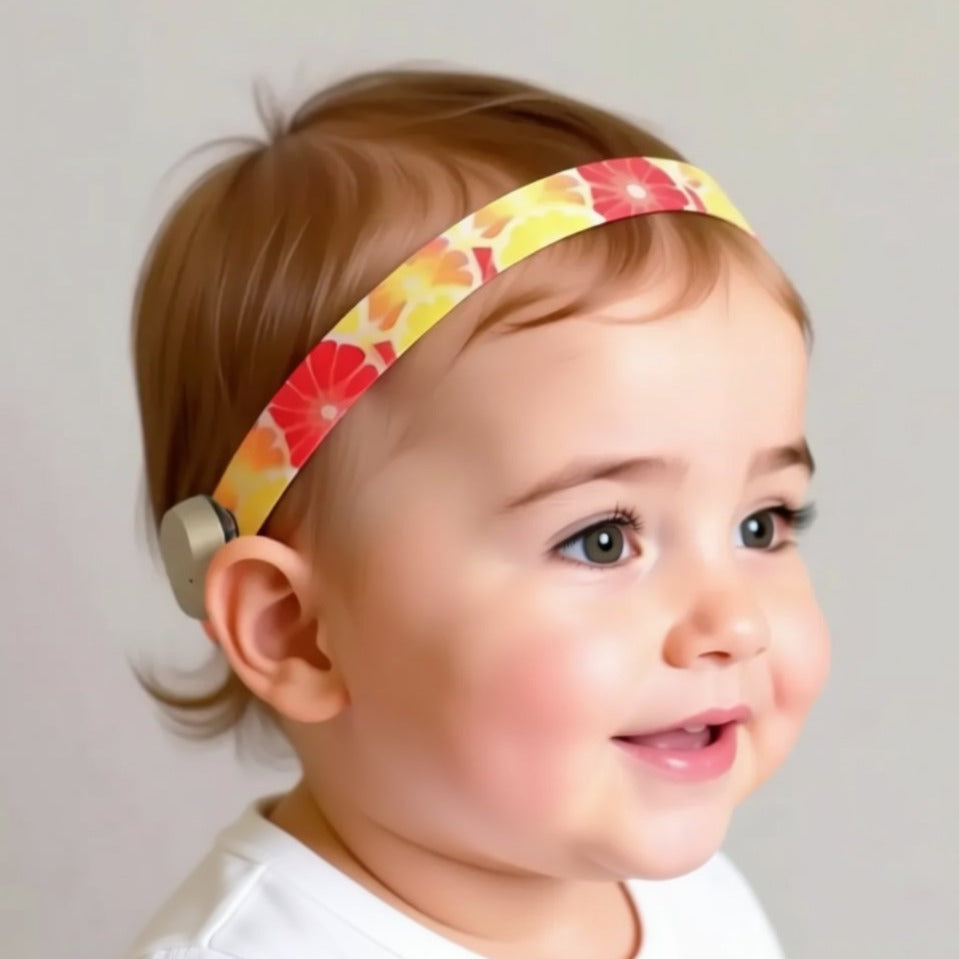 A baby wearing a colourful headband with a small hearing device attached to it.