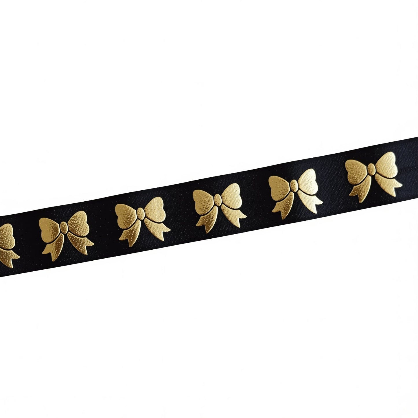 A black ribbon with gold embroidered bows on it.