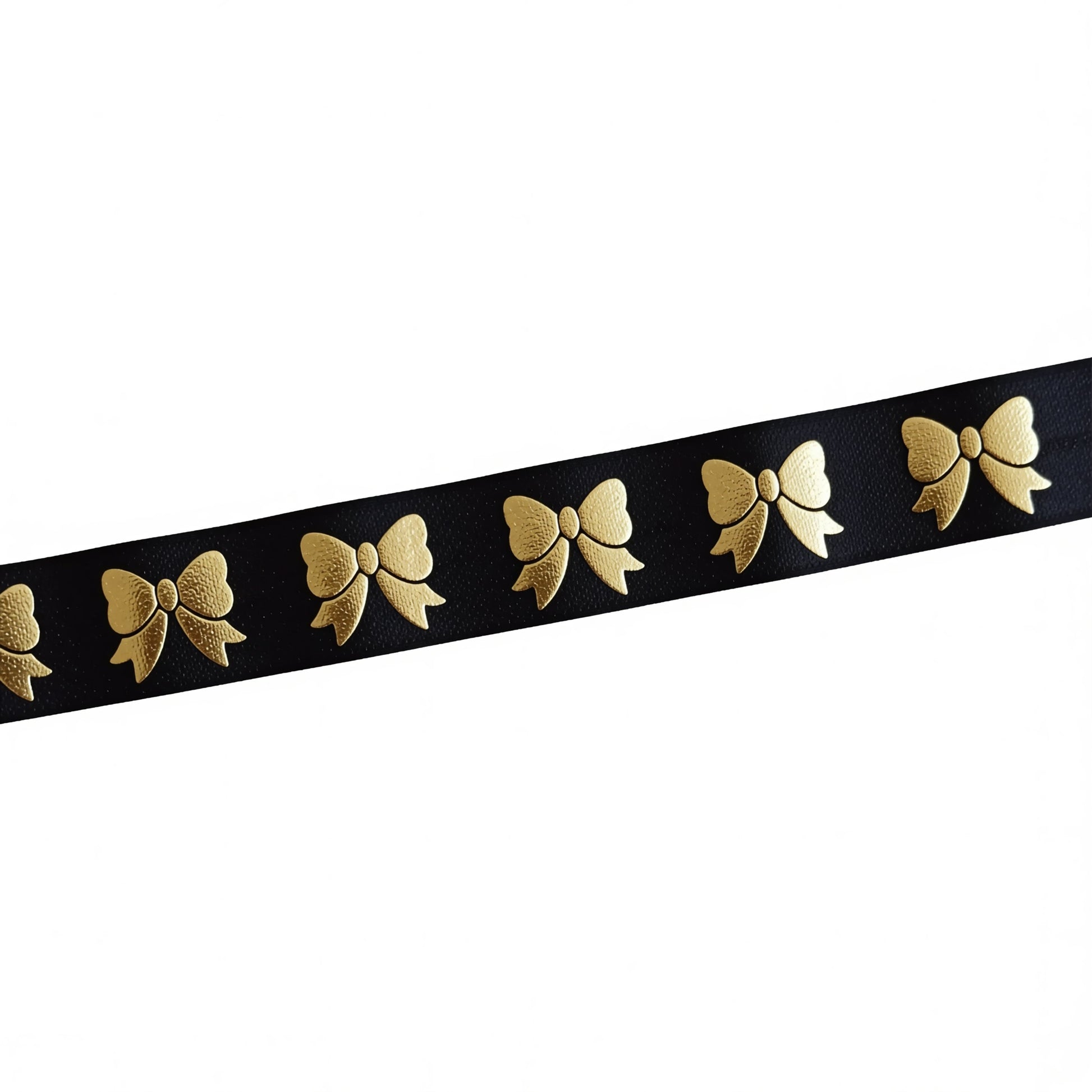 A black ribbon with gold embroidered bows on it.