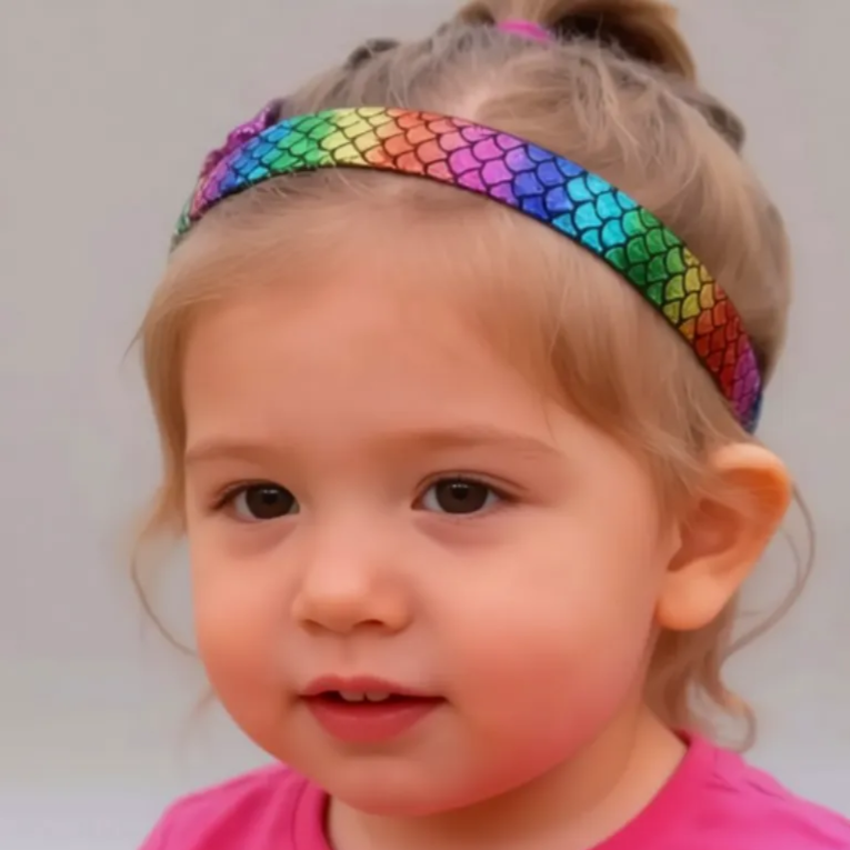 Child wearing a colourful headband with a hearing aid cochlear implant device
