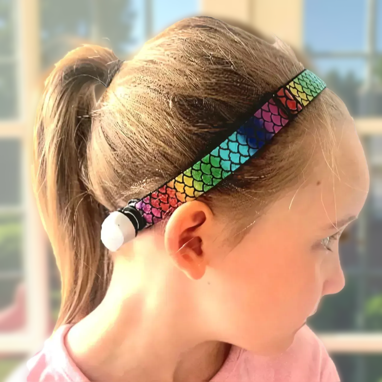 Child wearing a colourful softband with a ponto baha bone-conduction device