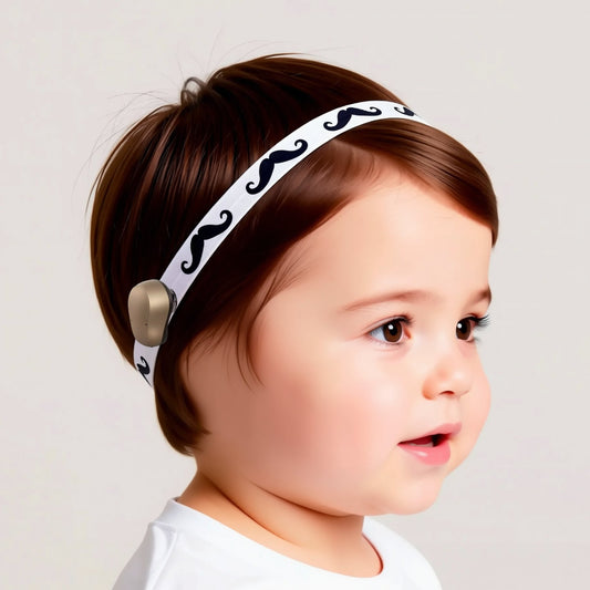 A Ponto BAHA Softband hearing aid cochlear implant headband with a repeating pattern of black moustache designs.
