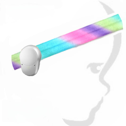 a colourful, ponto baha softband hearing aid headband, and a silouette face